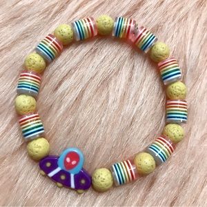 Kawaii Pink Alien Spaceship Yellow Lava Stone & Striped Rainbow Beaded Bracelet